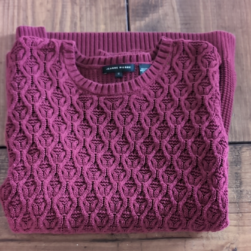 JEANNE PIERRE Raspberry Cable-Knit Crewneck Sweater
